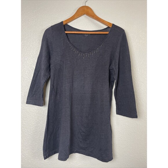 Eileen Fisher 100% Linen Top Sz PM Navy Blue Tunic Lagenlook Minimal Beaded - Picture 1 of 7
